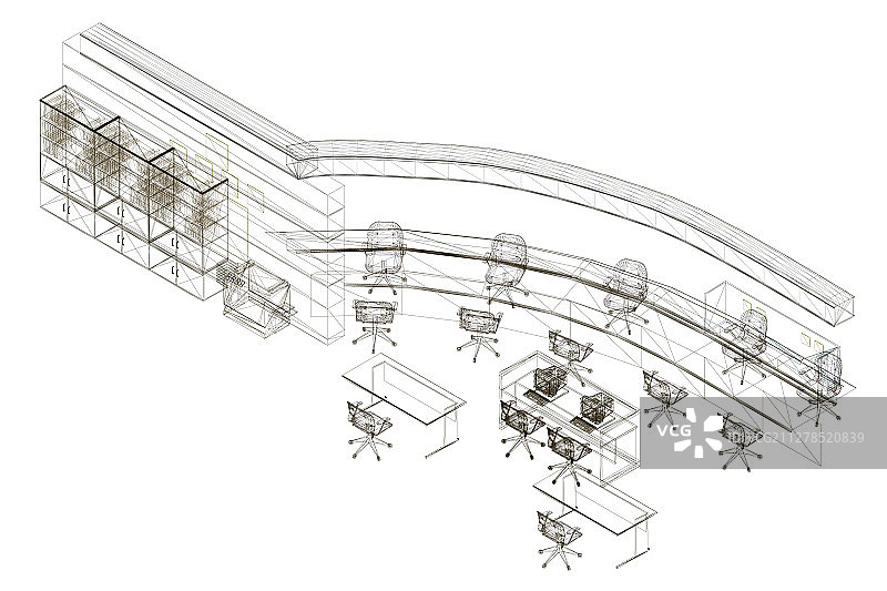带有桌椅的线框房间局部图片素材
