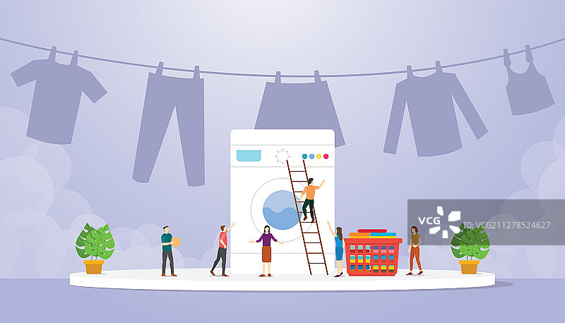 人们在洗衣机前工作图片素材