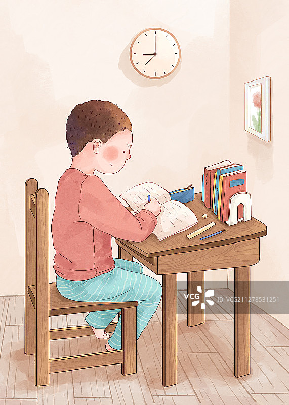 居家学习的学生小清新插画图片素材
