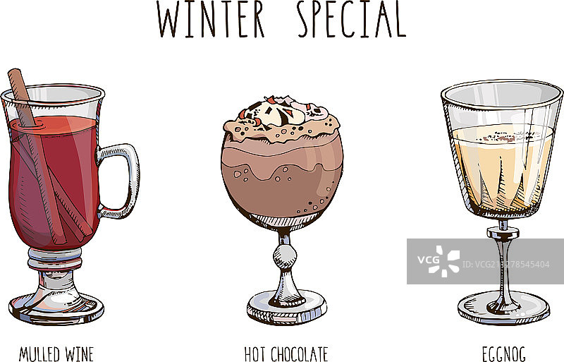 一组受欢迎的热冬季饮品图片素材