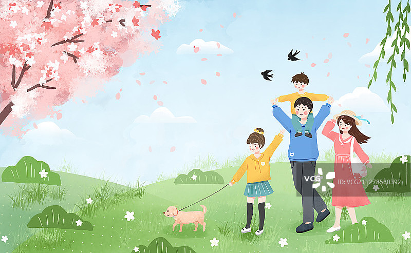 一家四口带着宠物在户外游玩 手绘插画图片素材