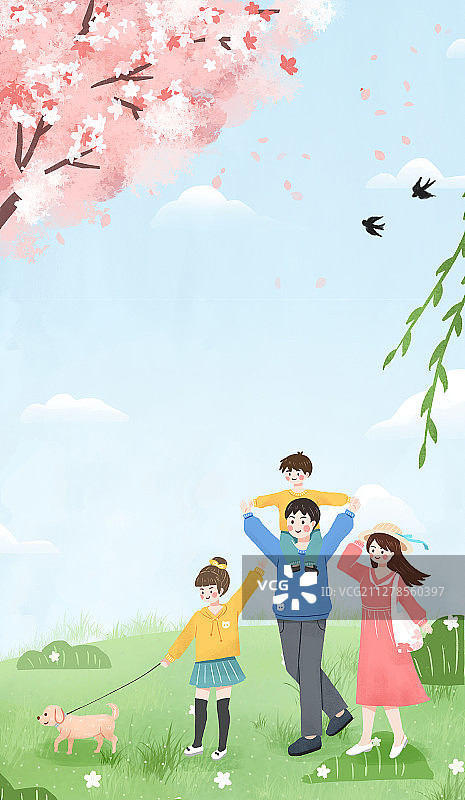 一家四口带着宠物在户外游玩 手绘插画图片素材