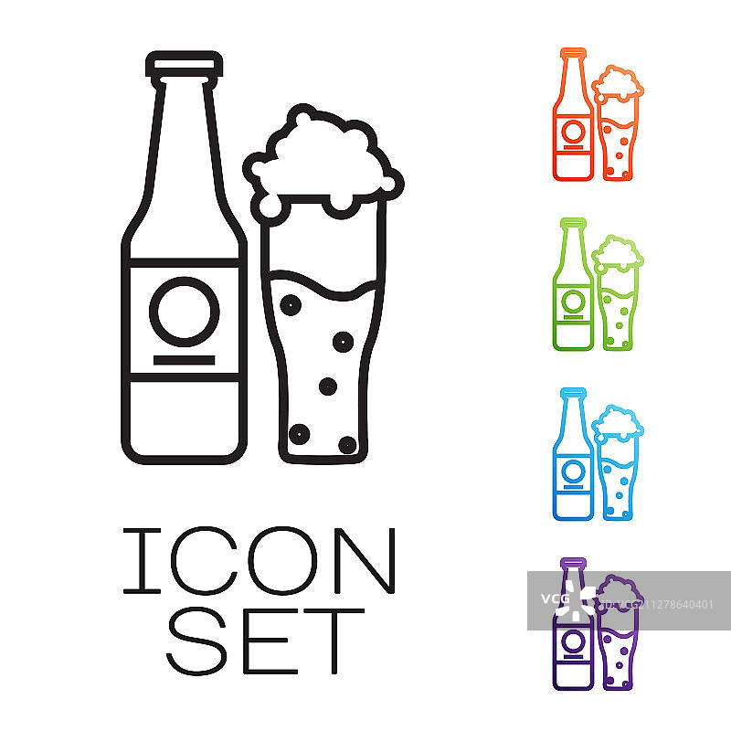 黑色线条啤酒瓶和玻璃杯图标图片素材