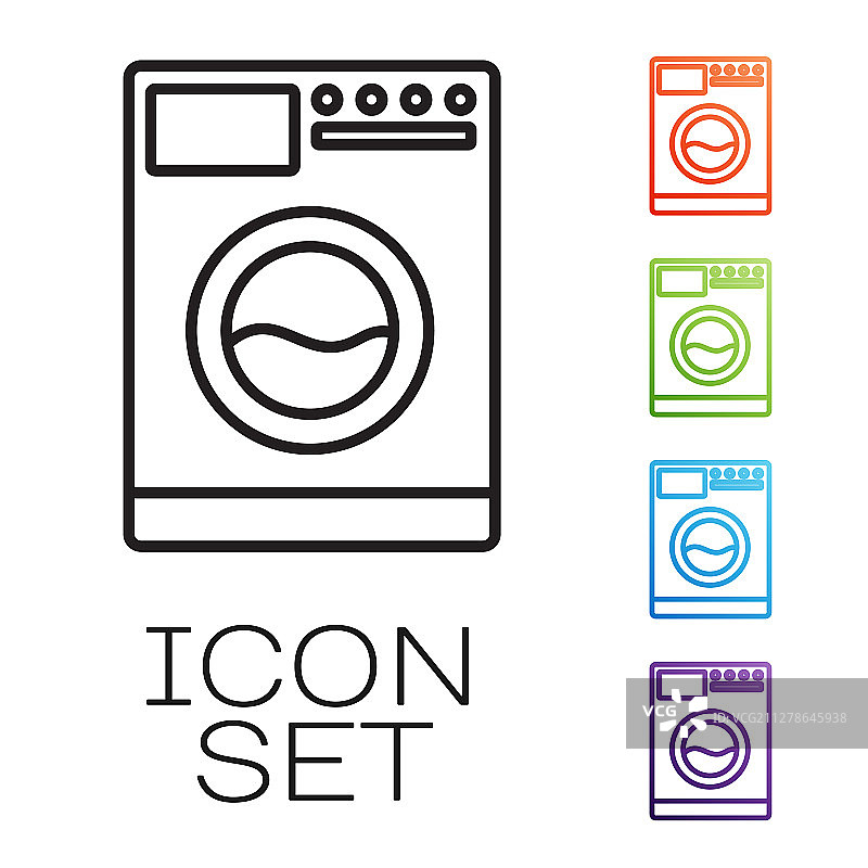 黑色线条洗衣机图标，白色背景隔离图片素材
