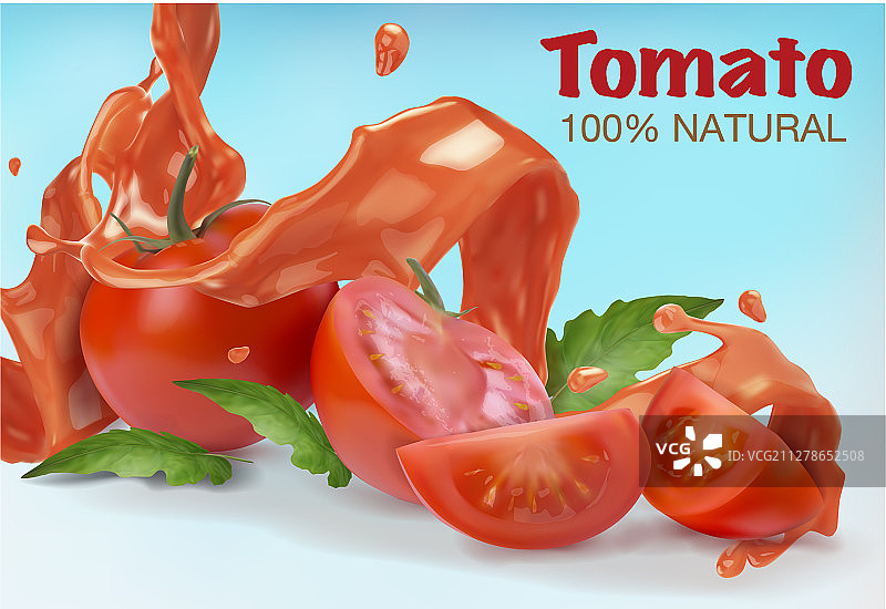 番茄汁飞溅，包含完整和切片的番茄图片素材