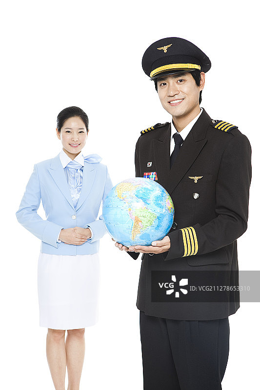 机组人员和飞行员手持地球仪摄影图片素材
