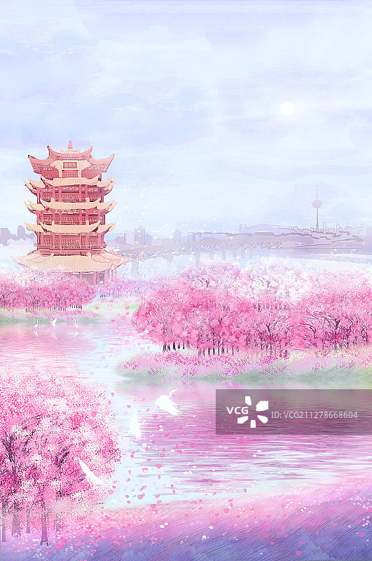 武汉市的黄鹤楼周围，樱花正盛开插画背景图片素材