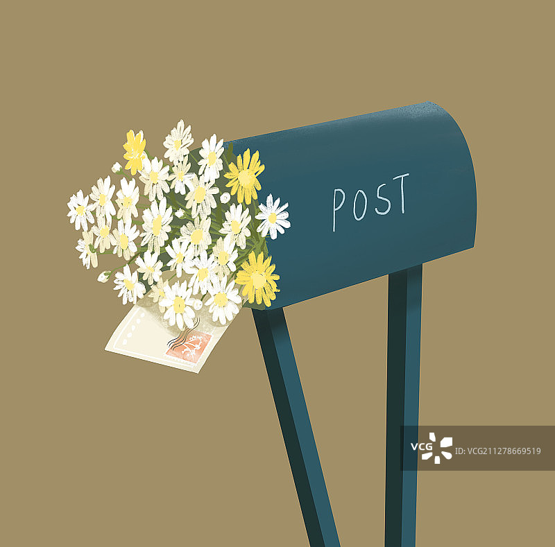 蓝色的邮箱里边放着一封信和一束小雏菊 手绘插画图片素材