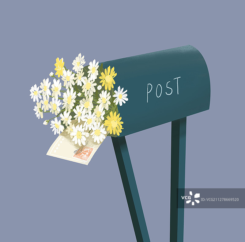 蓝色的邮箱里边放着一封信和一束小雏菊 手绘插画图片素材