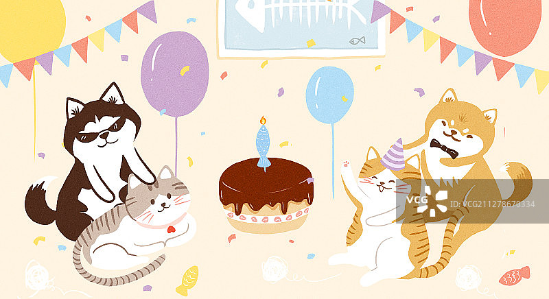 可爱的猫狗拟人过生日开派对 手绘插画图片素材