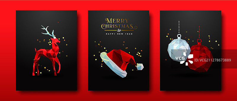 红色低多边形抽象3D圣诞装饰套装图片素材