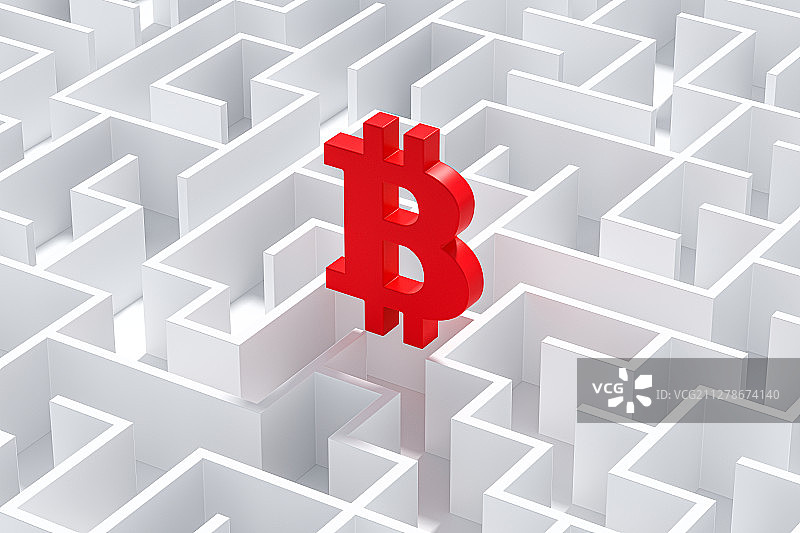 3D迷宫和比特币符号图片素材