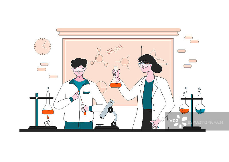 带着防护镜的老师和学生在化学实验室做实验—矢量插画图片素材