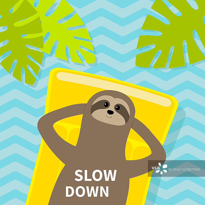 在黄色充气水池中漂浮的缓慢移动的树懒图片素材