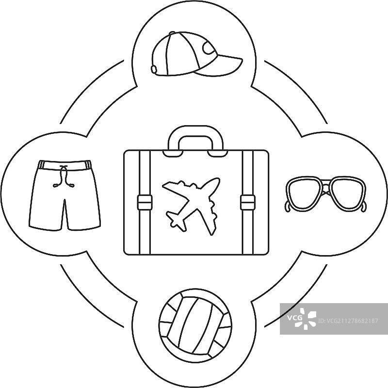 游客行李箱内物品线性图标集图片素材