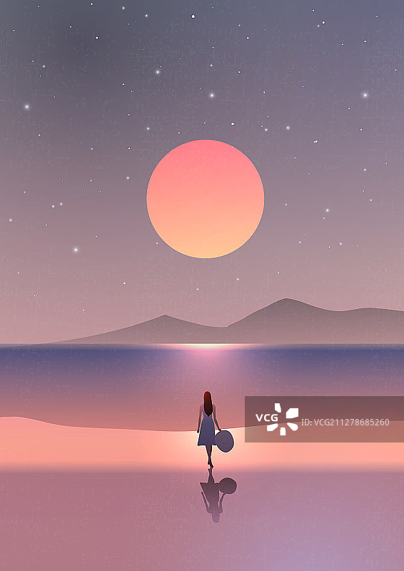 背景壁纸：梦幻月色日落下的女子背影图片素材