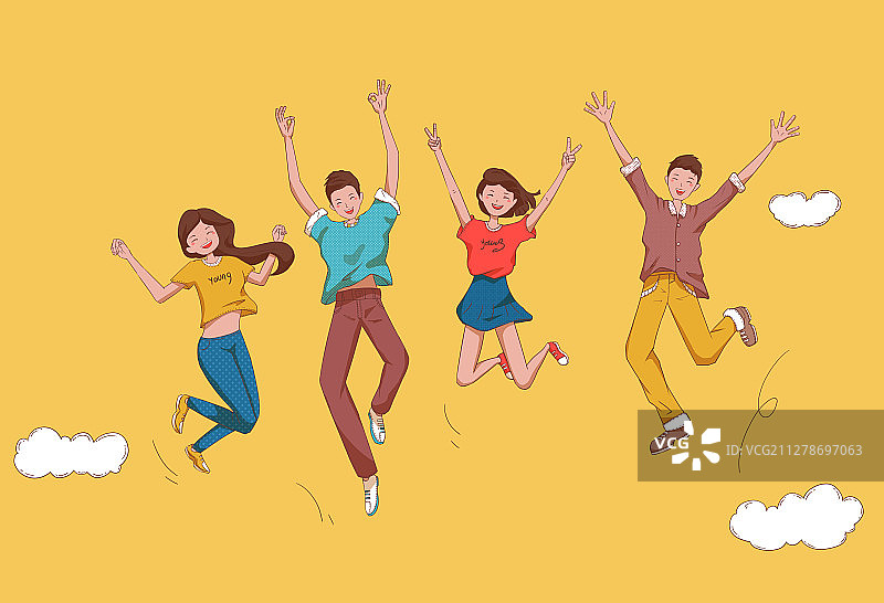 欢呼跳跃起来的青年男女插画图片素材