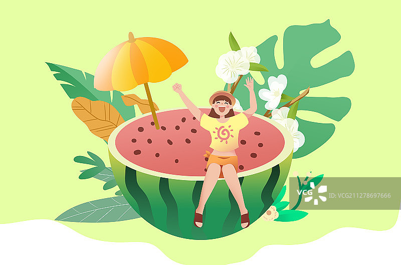 卡通手绘女孩坐在西瓜上欢呼插画图片素材