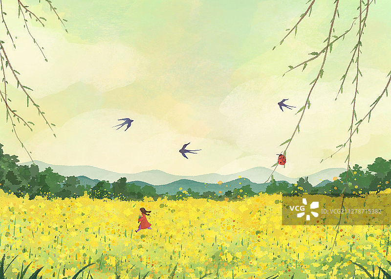 四季的色彩景观节气插画惊蛰横版图片素材