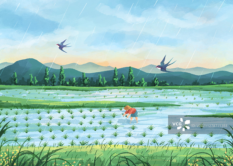 四季的色彩景观节气插画谷雨横版图片素材