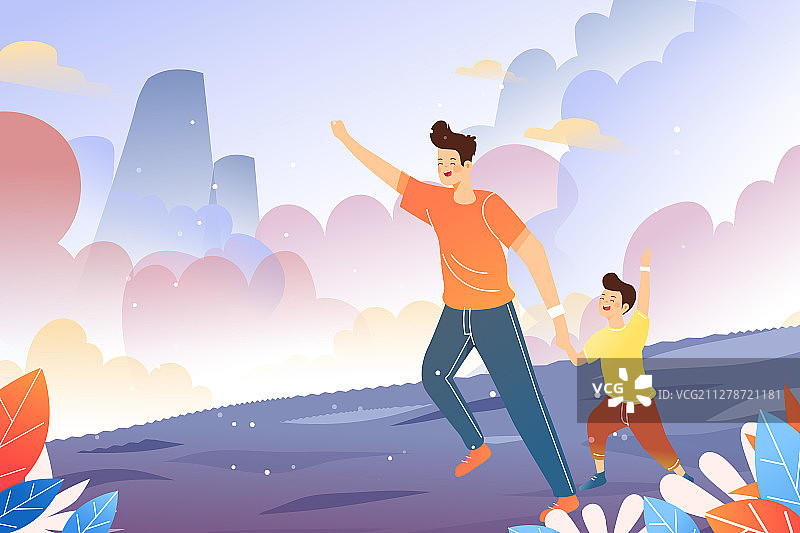 亲子户外旅游出行放风筝踏青夏季夏天矢量插画图片素材