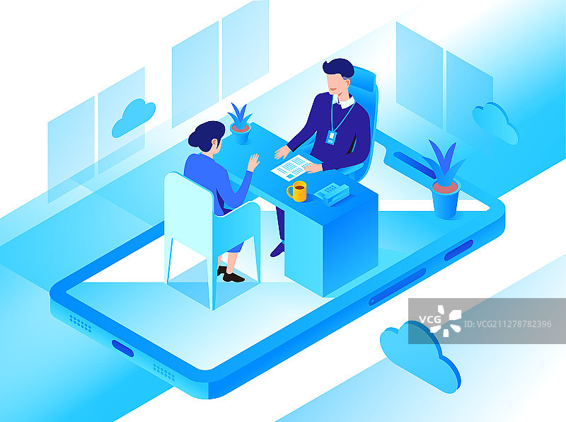 手机在线面试2.5d插画图片素材