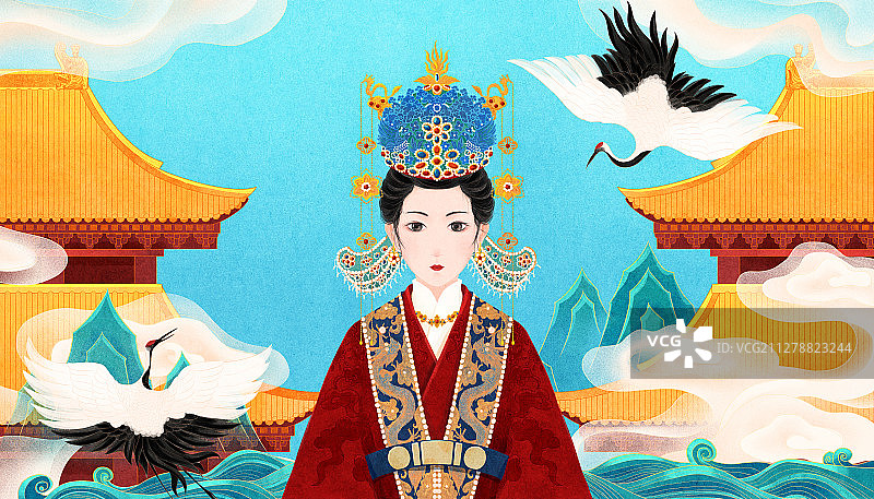 青山宫殿白云前戴凤冠穿朝服的明朝皇后图片素材