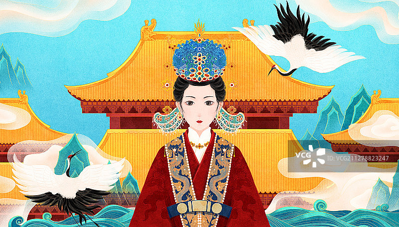 青山宫殿白云前戴凤冠穿朝服的明朝皇后图片素材