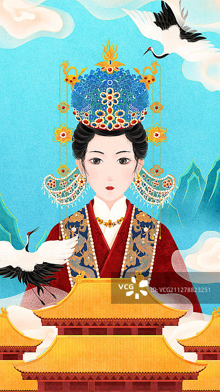 青山宫殿白云前戴凤冠穿朝服的明朝皇后图片素材
