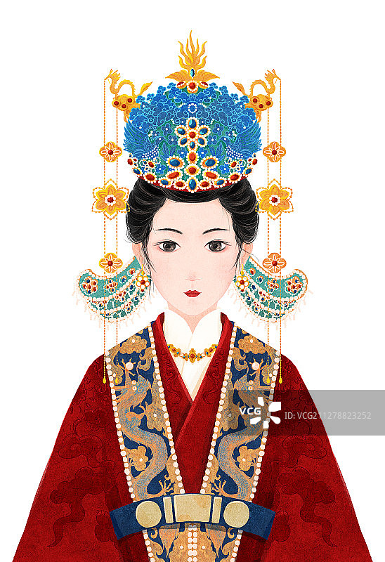戴凤冠穿红色朝服蓝色霞帔的明朝皇后图片素材