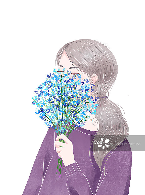 手拿一束蓝色满天星遮挡着脸的少女 手绘插画图片素材