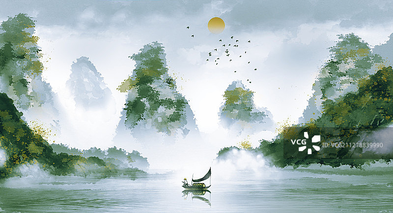 手绘中国风节气意境山水画图片素材