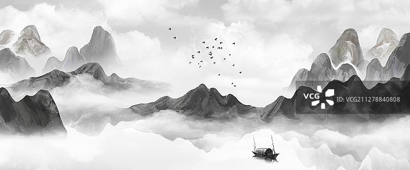 新中式淡雅山水插画图片素材