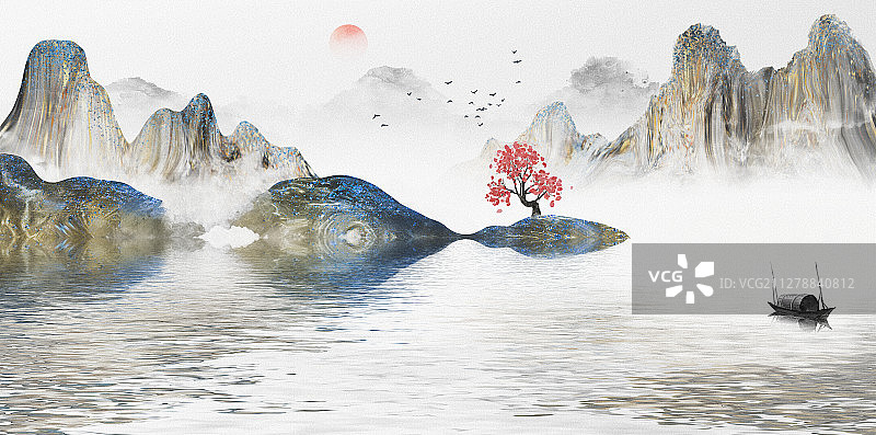 新中式淡雅山水插画图片素材