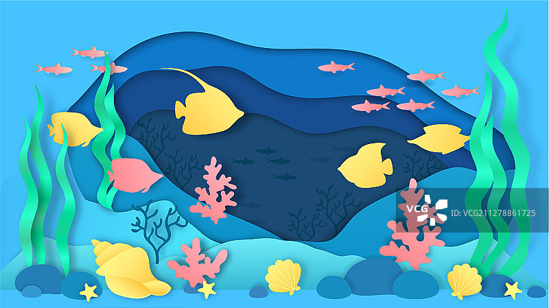 纸剪风格水下鱼缸与鱼类图片素材