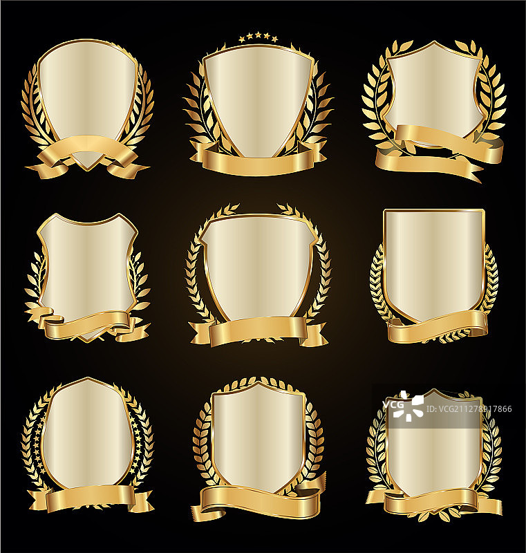 金色盾牌桂冠花环与金色丝带图片素材