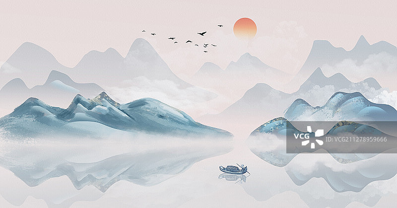 手绘中国风意境水墨山水画图片素材