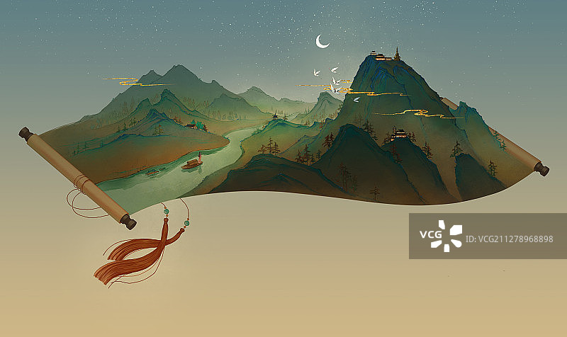 小清新水彩风格古风风景插画 峨眉山图片素材