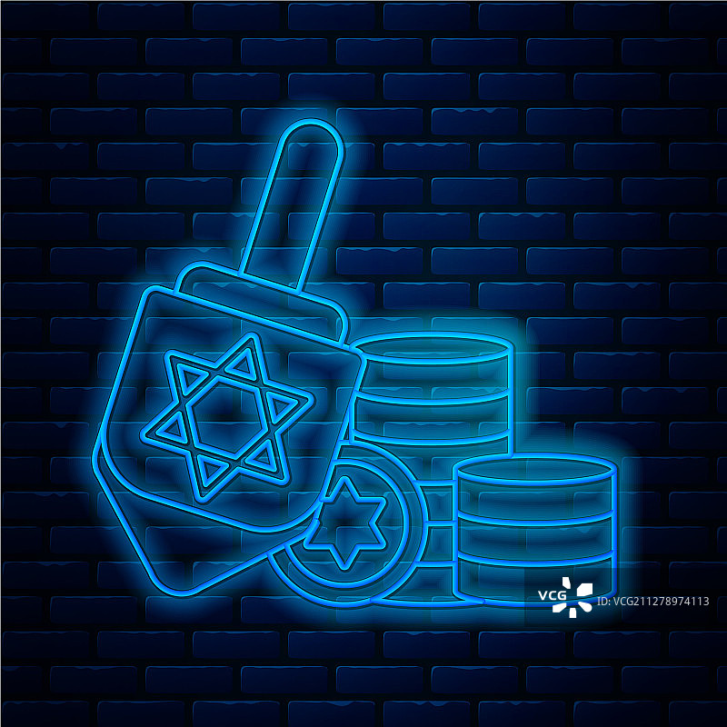 发光霓虹灯管光明节陀螺和硬币图标图片素材