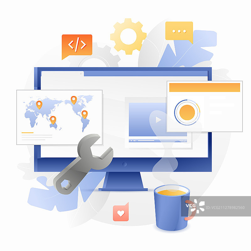 带有扳手工具的电脑显示器图片素材