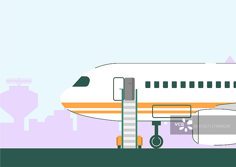 跑道上带开启门和楼梯的白色飞机图片素材