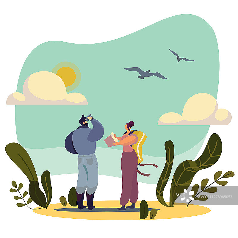 卡通人物观鸟图片素材