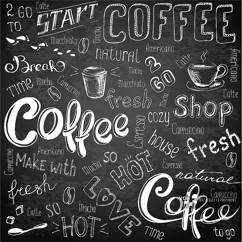 外带咖啡杯、马克杯、咖啡豆和字体排印图片素材