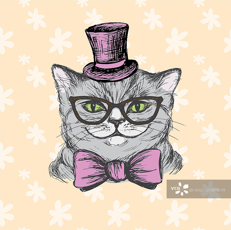 戴帽子、眼镜和领结的时尚猫图片素材