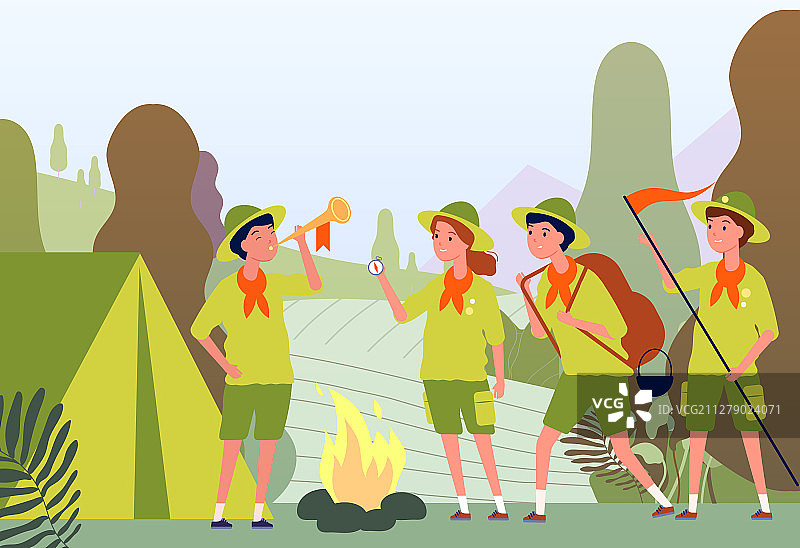 森林中童子军营地篝火和快乐的孩子们图片素材