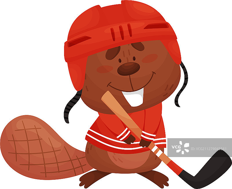 穿着冰球服的卡通海狸角色站立图片素材