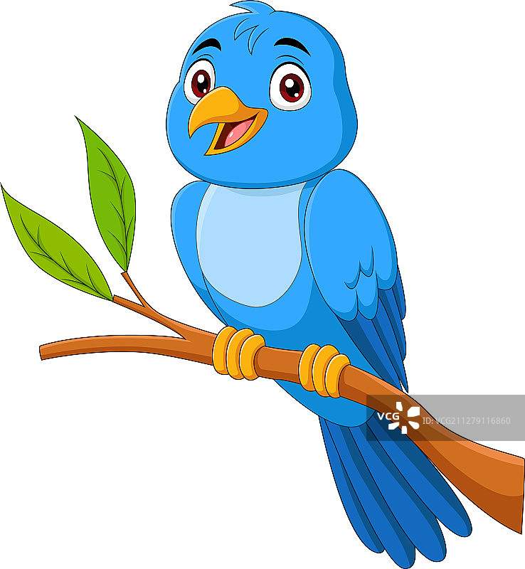 卡通蓝鸟栖息在树枝上图片素材