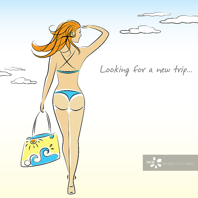 拿着沙滩包的比基尼女孩图片素材