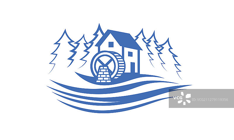 河流森林旁边的水磨坊蓝色图片素材