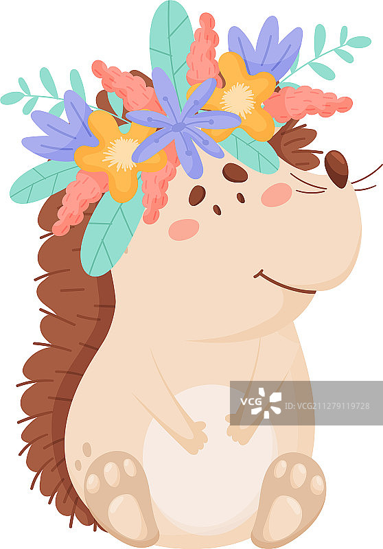 戴着花环的有趣的刺猬角色图片素材